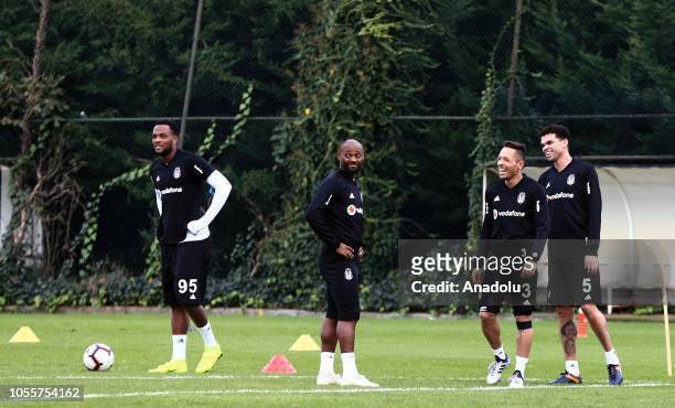 Cyle Larin , Vagner Love , Adriano Correia and Pepe of Besiktas attend a training session ahead of Turkish Super Lig match against Medipol Basaksehir...