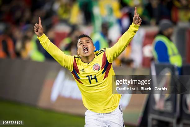 Juan Camilo Hernandez of Colombia holding up celebrates his goal in the second half of the International Friendly match between Columbia and Costa...