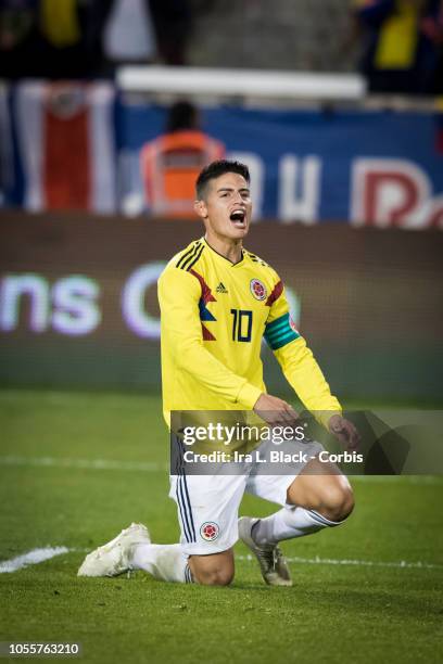 James Rodriguez of Colombia screams after a missed shot on goal during the International Friendly match between Columbia and Costa Rica at Red Bull...