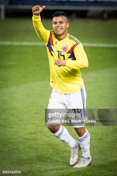 Juan Camilo Hernandez of Colombia celebrates his 2nd goal in the second half of the International Friendly match between Columbia and Costa Rica at...