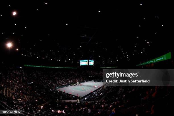 Fernando Verdasco of Spain plays his second round match against Malek Jaziri of Tunisia during Day 3 of the Rolex Paris Masters on October 31, 2018...