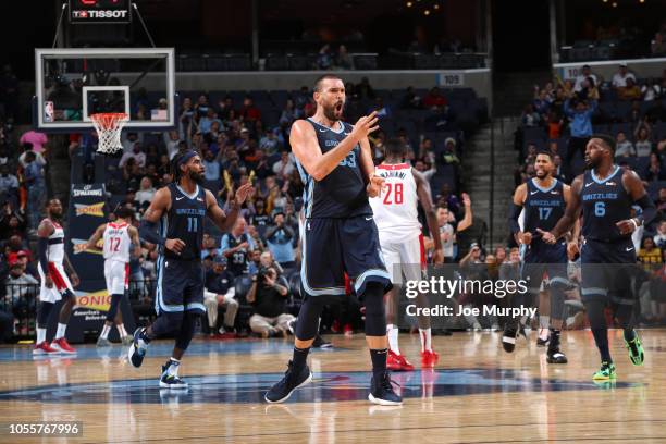 Marc Gasol of the Memphis Grizzlies celebrates after hitting a three pointer against the Washington Wizards on October 30, 2018 at FedEx Forum in...