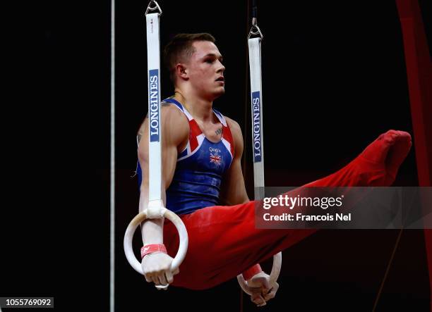 Brinn Bevan of Great Britain competes in the Men's Individual All-Round finall during day six of the 2018 FIG Artistic Gymnastics Championships at...