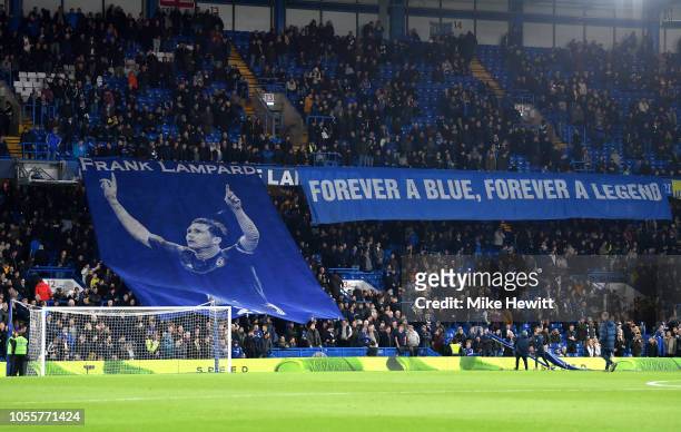 Fans display a Frank Lampard flag prior to the Carabao Cup Fourth Round match between Chelsea and Derby County at Stamford Bridge on October 31, 2018...