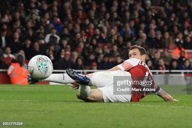 Stephan Lichtsteiner of Arsenal scores the opening goal during the Carabao Cup Fourth Round match between Arsenal and Blackpool at Emirates Stadium...