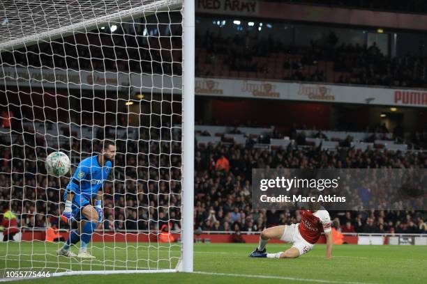 Stephan Lichtsteiner of Arsenal scores the opening goal during the Carabao Cup Fourth Round match between Arsenal and Blackpool at Emirates Stadium...