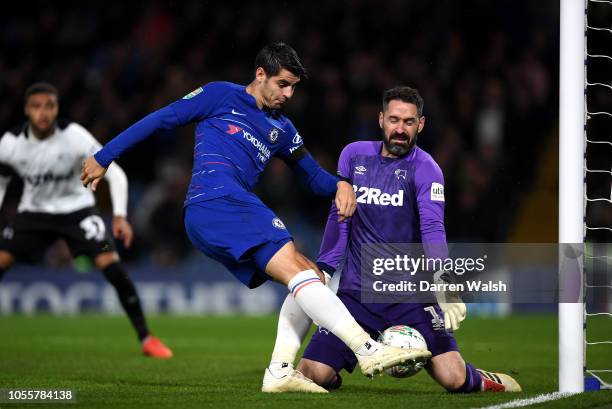 Scott Carson of Derby County saves a shot from Alvaro Morata of Chelsea during the Carabao Cup Fourth Round match between Chelsea and Derby County at...