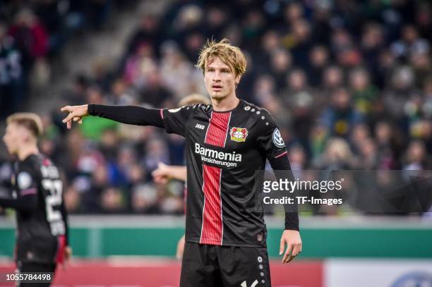 Tin Jedvaj of Bayer 04 Leverkusen gestures during the DFB Cup match between Borussia Moenchengladbach and Bayer 04 Leverkusen at Borussia-Park on...