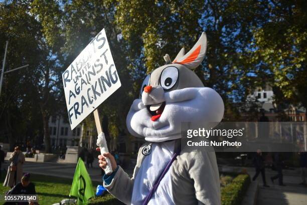Paople gather at Parliament Square to protest against fracking and, more i general, to rise awareness of climate change, London on October 31, 2018....