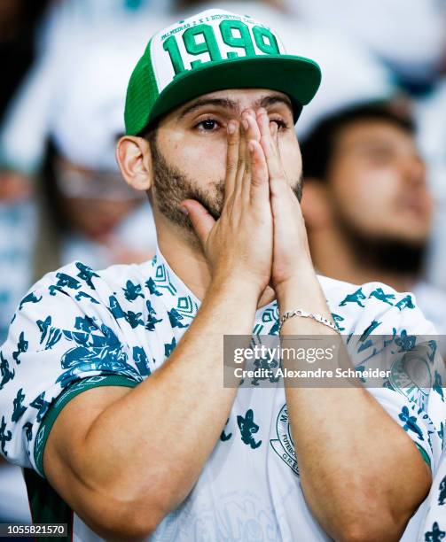 Fans of Palmeiras reacts during the match between Palmeiras and Boca Juniors for the Copa CONMEBOL Libertadores 2018 at Allianz Parque Stadium on...