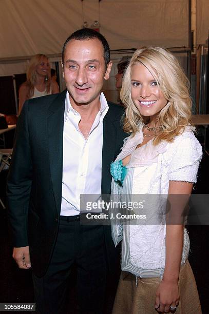 Gilles Mendel and Jessica Simpson during Olympus Fashion Week Spring 2005 - J Mendel Back Stage and Front Row at Plaza Tent, Bryant Park in New York...