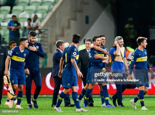 Players of Boca Juniors celebrate after winning the match against Palmeiras and qualifying to the Final of the Copa CONMEBOL Libertadores 2018 at...