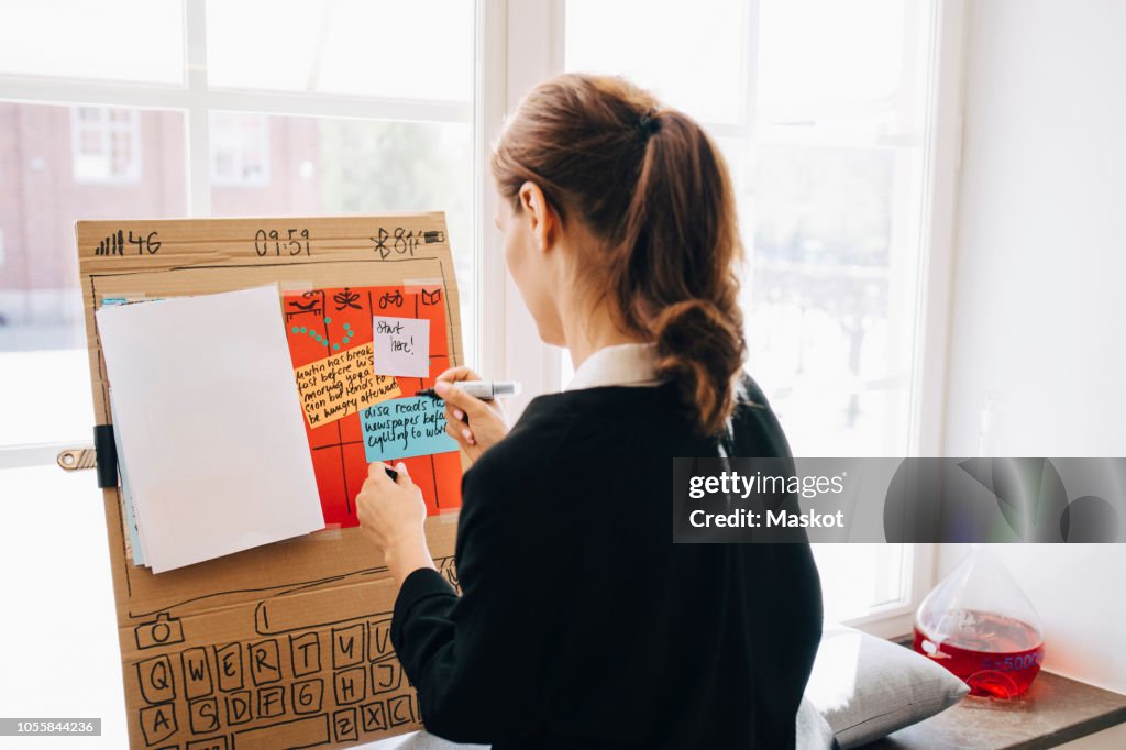 Rear view of businesswoman writing strategy on placard against window at creative office