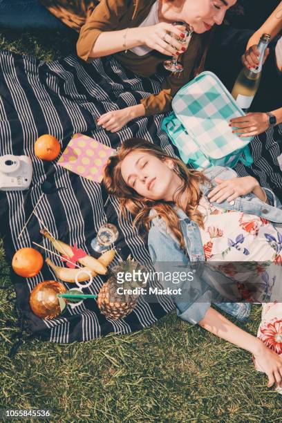 high angle view of young woman lying by friends enjoying picnic during summer at back yard - season 3 stockfoto's en -beelden