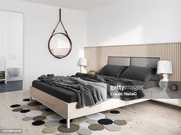 minimalist modern bedroom - beige bedroom stock pictures, royalty-free photos & images