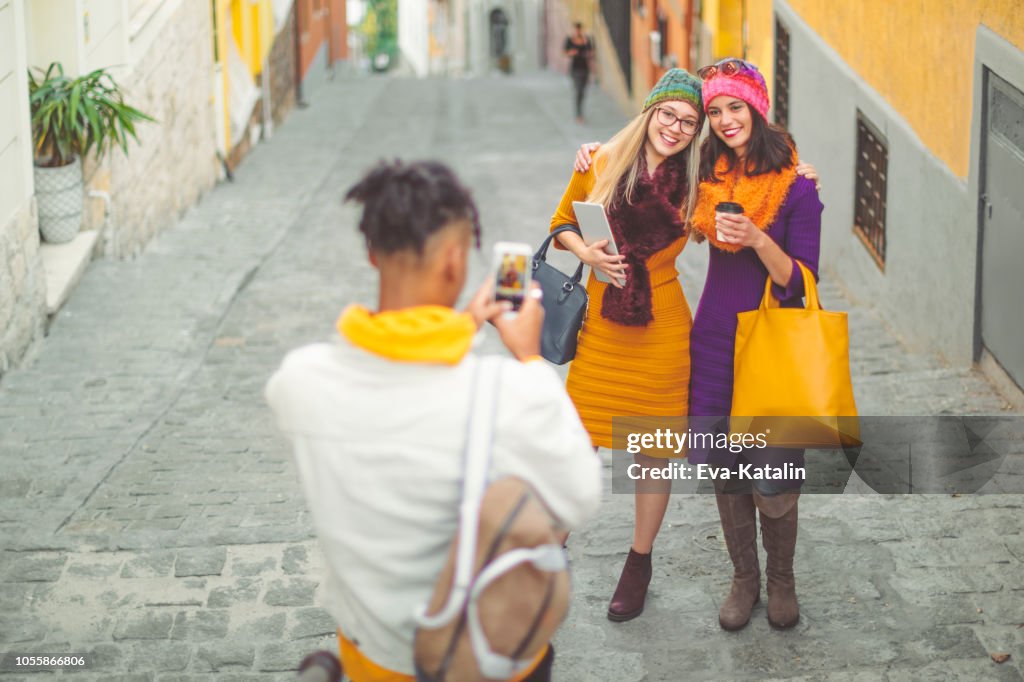 Friends are having fun in the city - autumn mood
