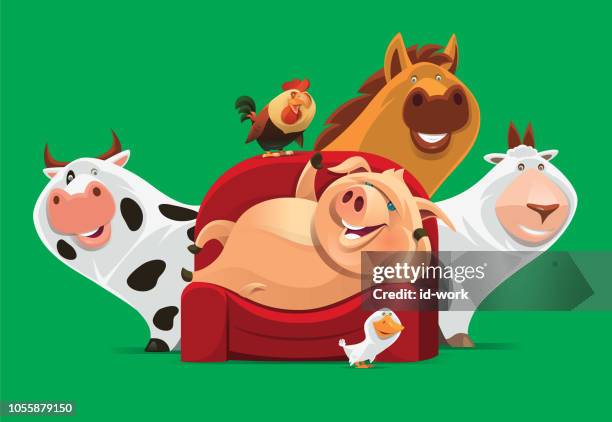 lazy pig lying on sofa with friends - lying couch stock illustrations