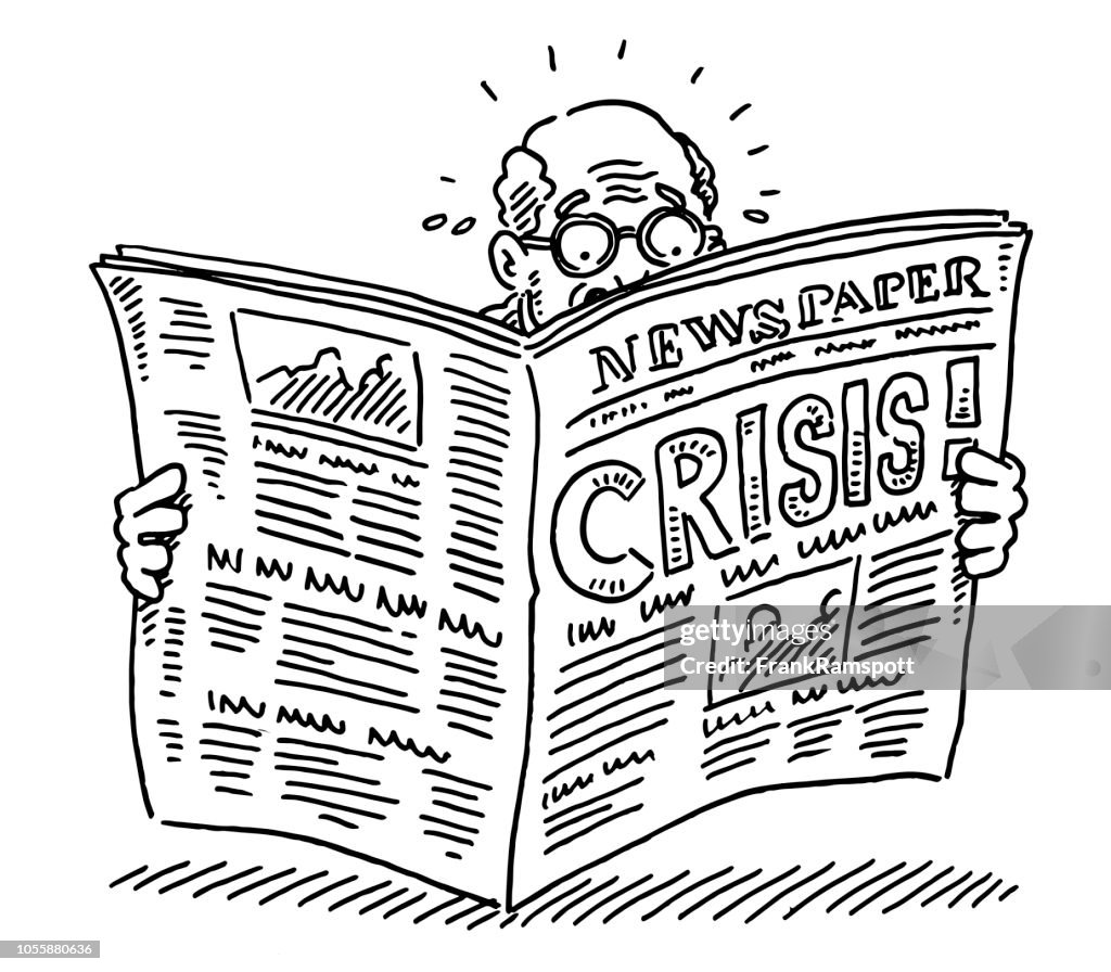 Old Man Reading Newspaper Shocking Crisis Drawing