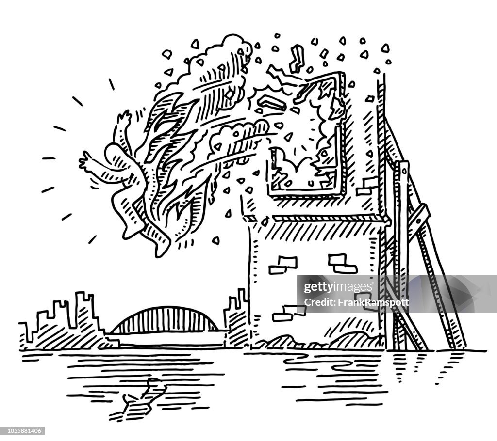 Brennender Stuntman springt aus Fenster Zeichnung