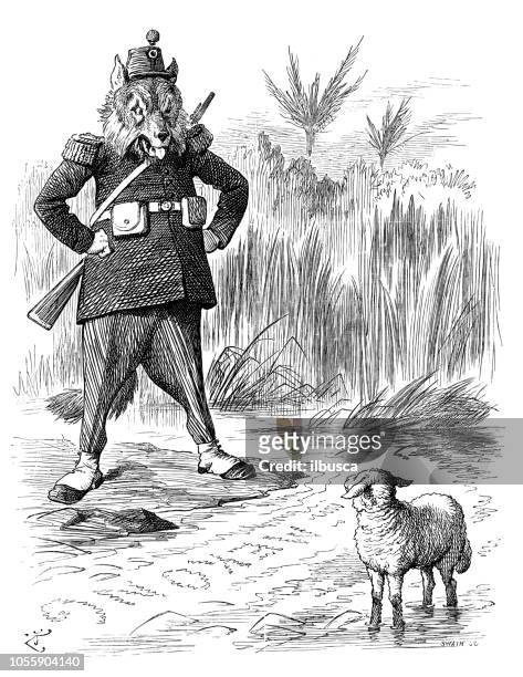 british london satire caricatures comics cartoon illustrations: french wolf and siamese lamb - satire stock illustrations