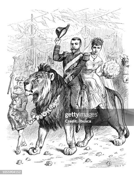 britische london satire karikiert comic cartoon illustrationen: paar auf löwe - cat wedding stock-grafiken, -clipart, -cartoons und -symbole