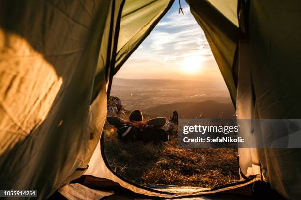 perfect sunset in my tent - wilderness camping stock pictures, royalty-free photos & images