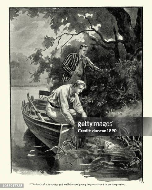 men finding dead body of drowned woman in serpentine river - the serpentine london stock illustrations