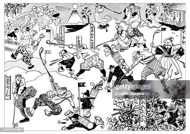 ilustrações de stock, clip art, desenhos animados e ícones de british london satire caricatures comics cartoon illustrations: golf japanese style - língua japonesa