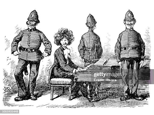 british london satire caricatures comics cartoon illustrations: police protection for pianist - cartoon police officer stock illustrations
