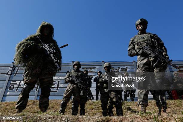 South Korean marine in action during their regular drill on November 1, 2018 in Yeonpyeong Island, South Korea. South and North Korean military...