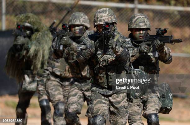 South Korean marine in action during their regular drill on November 1, 2018 in Yeonpyeong Island, South Korea. South and North Korean military...