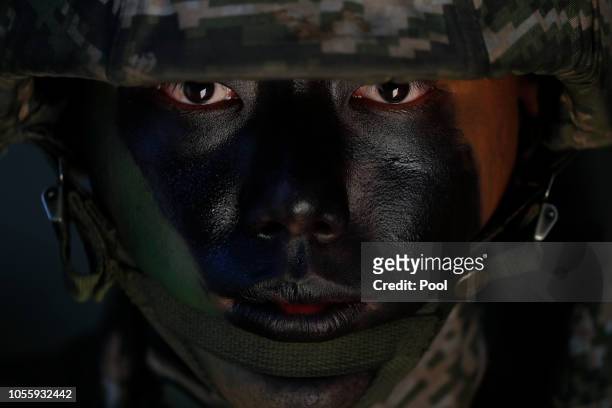 South Korean marine in action during their regular drill on November 1, 2018 in Yeonpyeong Island, South Korea. South and North Korean military...