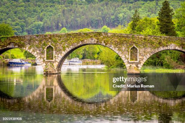 beautiful graiguenamanagh stone bridge with trees in the background on a rainy day, county kilkenny, ireland. - kilkenny ireland stock pictures, royalty-free photos & images