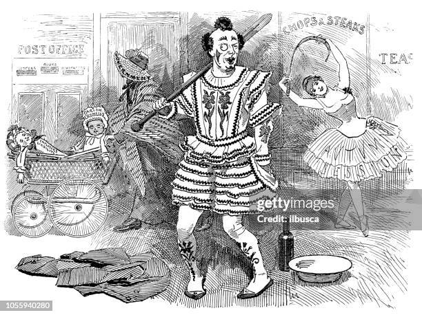 british london satire caricatures comics cartoon illustrations: scary clown - creepy monsters from the past stock illustrations