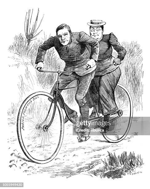 stockillustraties, clipart, cartoons en iconen met britse londen satire karikaturen strips cartoon illustraties: tandem fiets - tandem positie