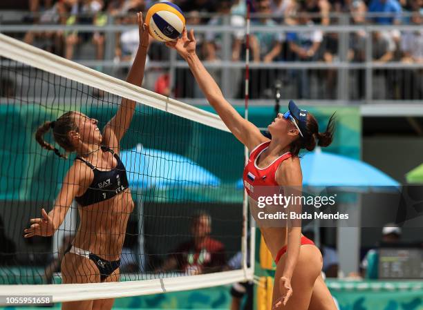 Mariia Bocharova of Russia attacks as she is blocked by Claudia Scampoli of Italy during the Women's Volleyball Final on day 11 of Buenos Aires 2018...