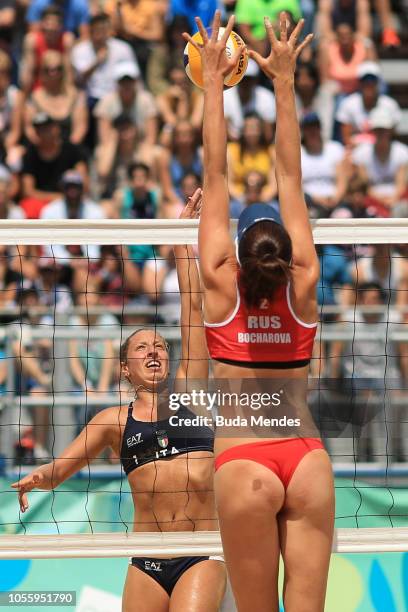 Mariia Bocharova of Russia blocks Claudia Scampoli of Italy during the Women's Volleyball Final on day 11 of Buenos Aires 2018 Youth Olympic Games at...