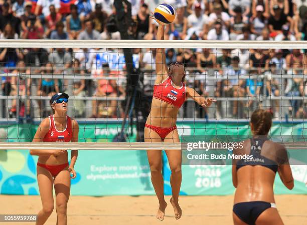 Maria Voronina of Russia attacks in the Women's Volleyball Final on day 11 of Buenos Aires 2018 Youth Olympic Games at Green Park on October 17, 2018...