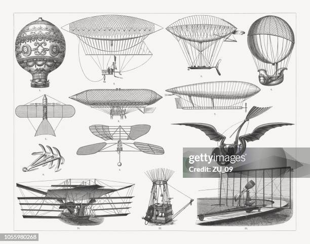 airship travel in the past, wood engravings, published in 1897 - black balloons stock illustrations