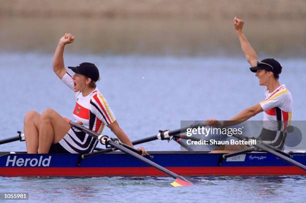 Jana Thieme and Kathrin Boron of Germany win gold in the Womens Double Sculls Rowing Final at the Sydney International Regatta Centre on Day Eight of...