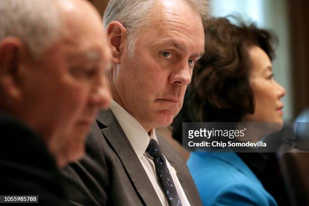 Interior Secretary Ryan Zinke ) attends a cabinet meeting with U.S. President Donald Trump in the Cabinet Room at the White House October 17, 2018 in...