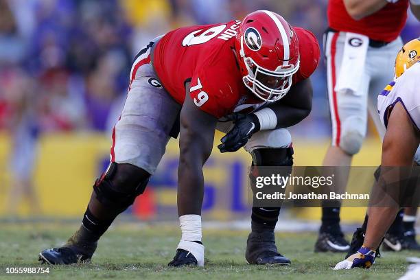 Isaiah Wilson of the Georgia Bulldogs guards during a game against the LSU Tigers at Tiger Stadium on October 13, 2018 in Baton Rouge, Louisiana.