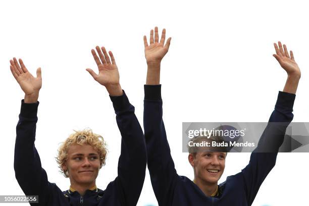 David Ahman of Seweden and Jonatan Hellvig of Sweden celebrate their gold medal in Mens Beach Volleyball during day 11 of Buenos Aires 2018 Youth...