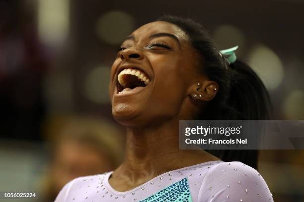 Simone Biles of the United States celebrates after winning Women's All-Around Final during Day Eight of 2018 FIG Artistic Gymnastics Championships at...