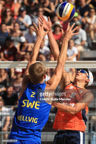 Jonatan Hellvig of Sweden blocks in Men's Gold Medal Match during day 11 of Buenos Aires 2018 Youth Olympic Games at Green Park on October 17, 2018...