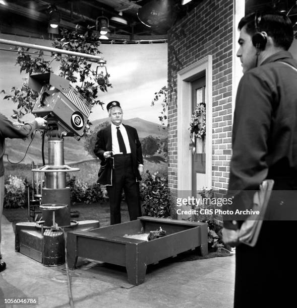 Children's television morning program, Captain Kangaroo on set. CBS cameramen and TV technicians. December 21, 1955. New York, NY.