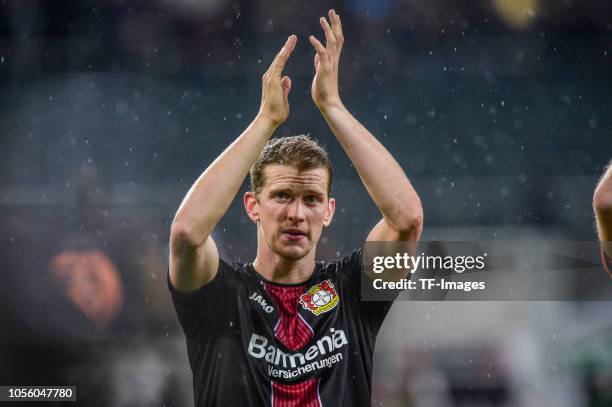 Sven Bender of Bayer 04 Leverkusen celebrates after winning the DFB Cup match between Borussia Moenchengladbach and Bayer 04 Leverkusen at...