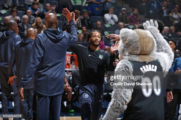 Derrick Rose of the Minnesota Timberwolves runs out before the game against the Utah Jazz on October 31, 2018 at Target Center in Minneapolis,...