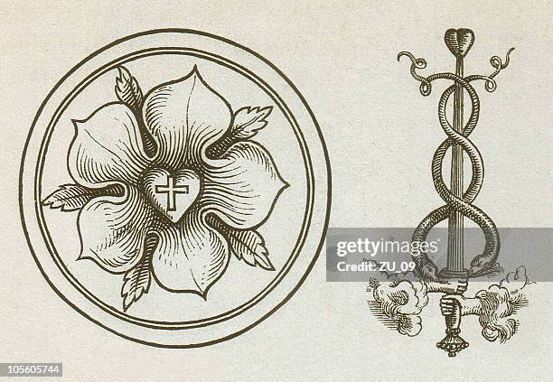 martin luther's signs for printings, wood engravings, published in 1879 - protestantism stock illustrations