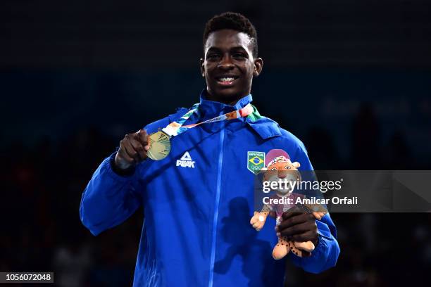 Keno Machado gold medalist in Men's Middle smiles in the podium during day 11 of Buenos Aires 2018 youth Olympic Games at Oceania Pavilion in the...